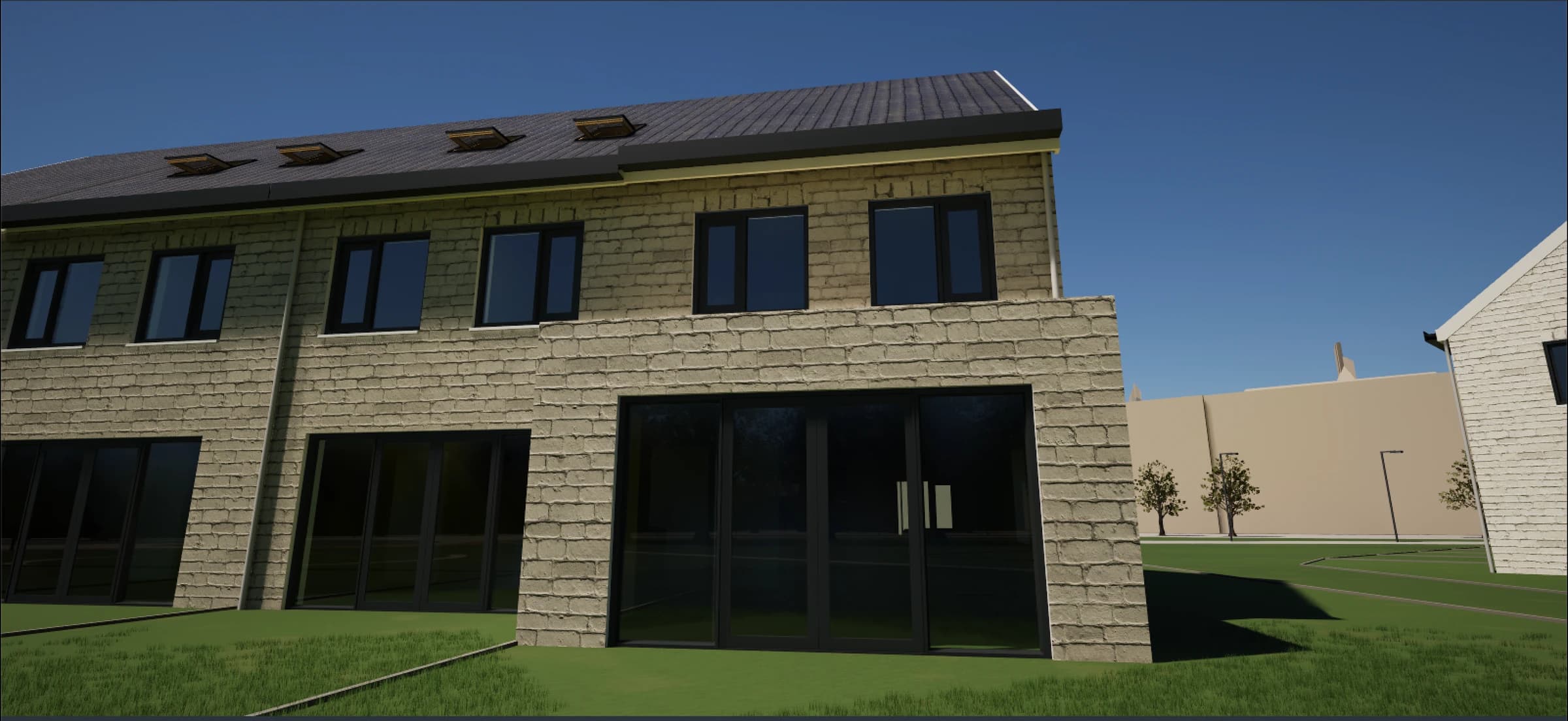 A closer view of the extension: textured brickwork and reflections in the glazing.