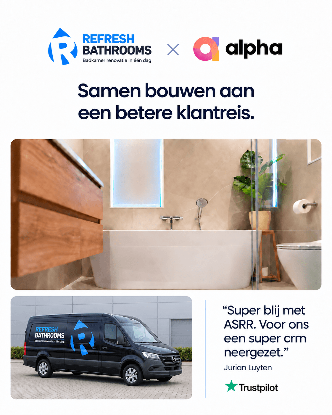 Refresh Bathrooms × Alpha: building a better customer journey together. Visual composed with AI using supplied photographs.