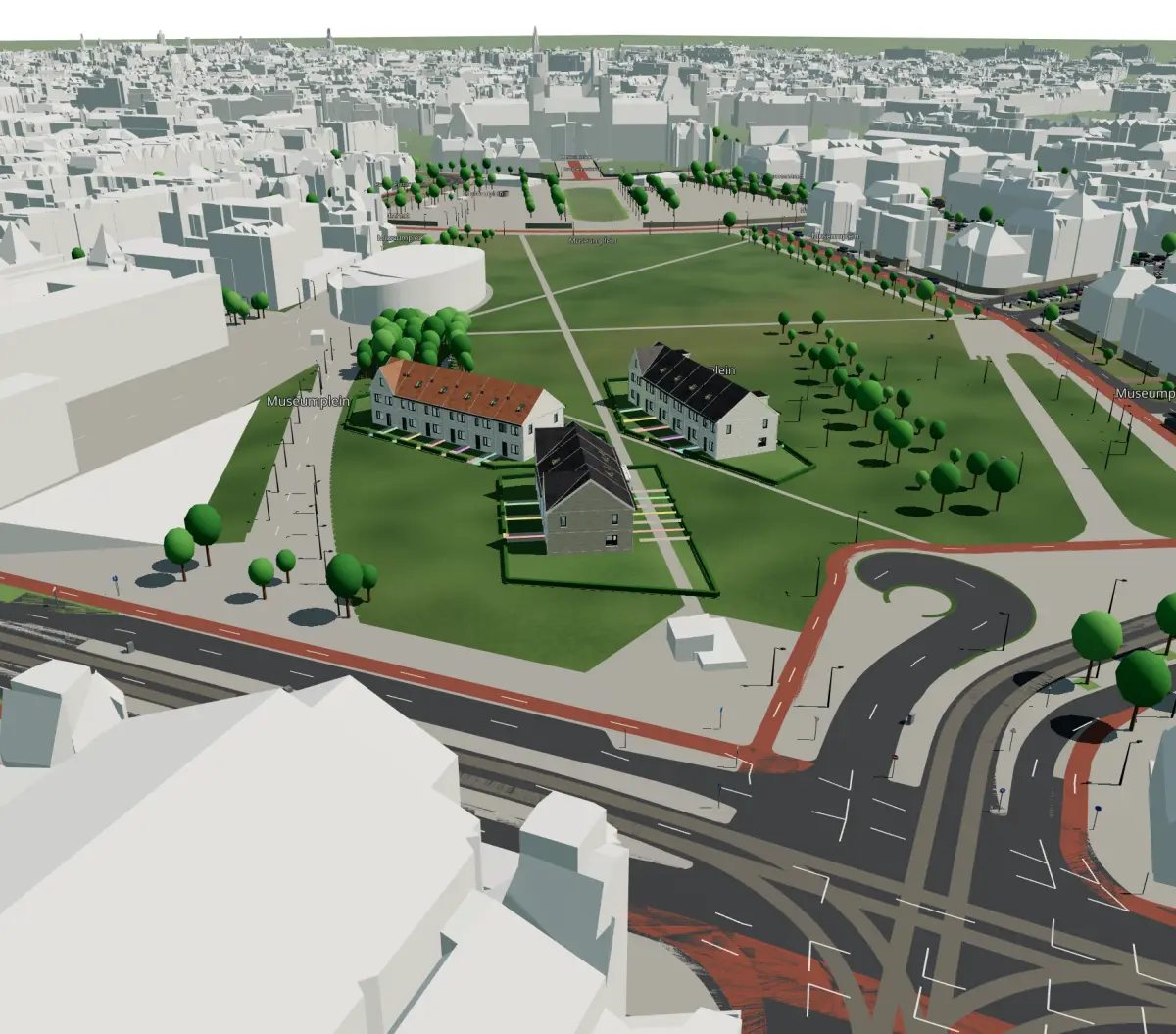 Massing study in the Alpha viewer, surrounded by real 3DBAG buildings